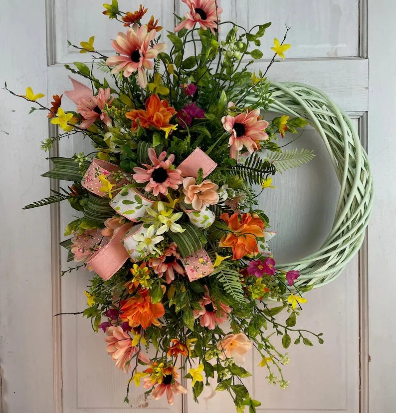 Spring Forsythia on Vine Wreath for Front Door, Peach, Yellow, and Orange Wreath with Faux Flowers
