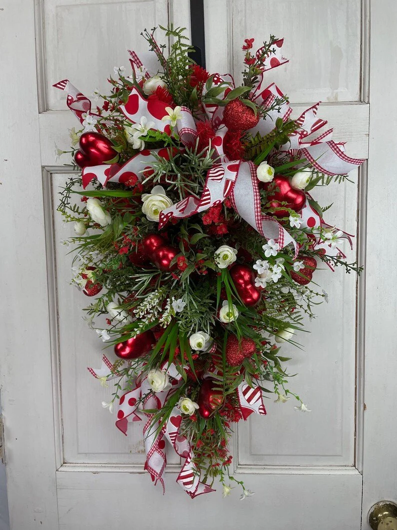 Valentine’s Teardrop Swag for Front Door, Red and White Teardrop Swag with Floral and Hearts