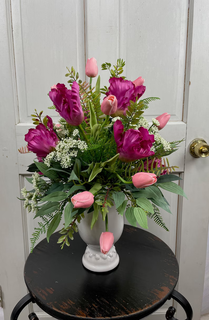 Spring Tabletop Floral Arrangement with Tulips, Pink, and White Centerpiece in White Ceramic Container