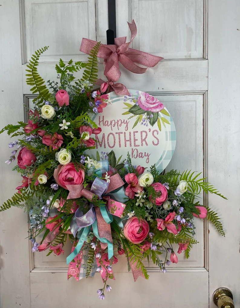 Mother's Day Wreath on Grapevine for Front Door, Pink, Purple, Blue, Cream, and White with Assorted Faux Flowers, Happy Mother's Day Wreath