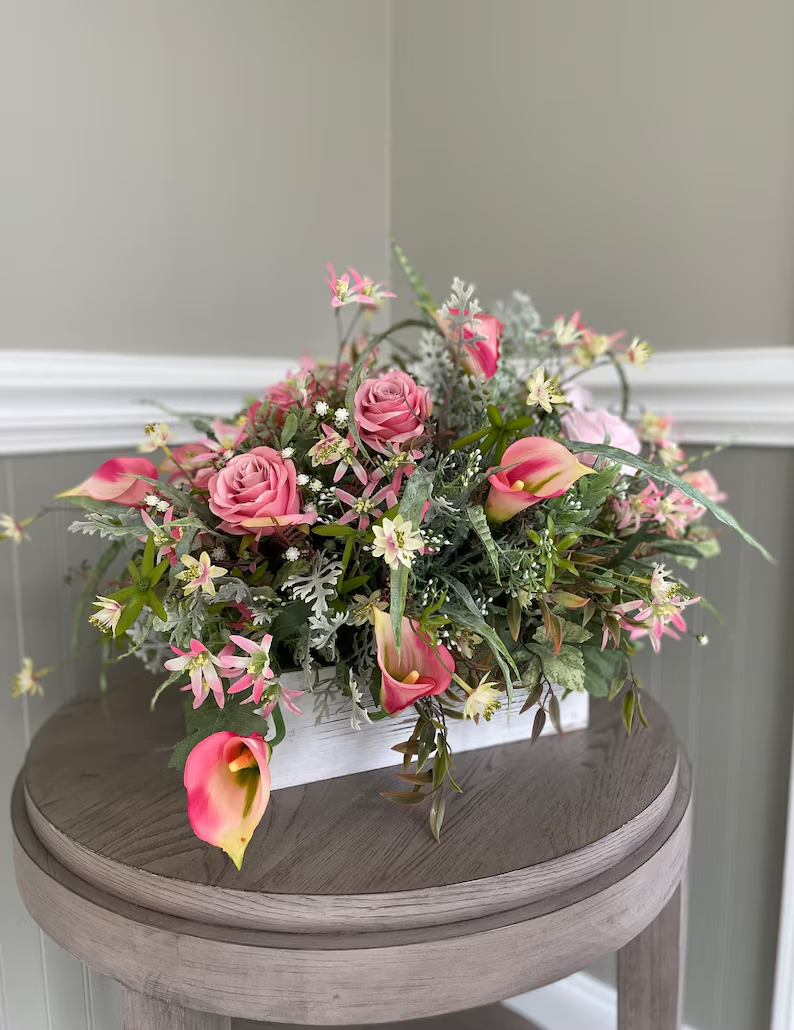 Spring Tabletop Floral Arrangement with Roses, Calla Lilies and Wildflowers, Pink and White Centerpiece in Whitewashed Wooden Box Container