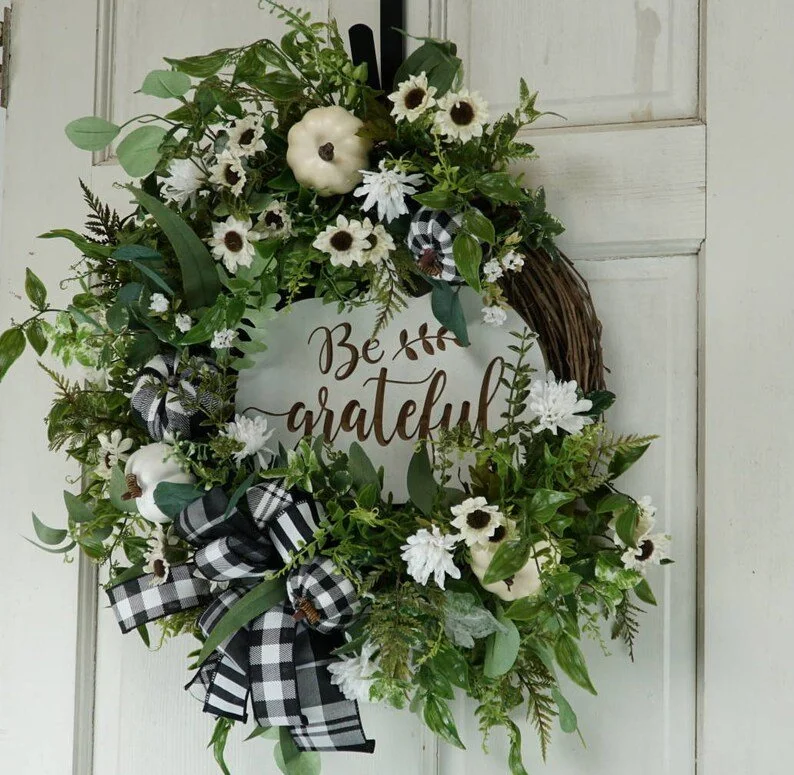 Be Grateful, Pumpkin, Sunflower, Mum, Mixed Foliage, Black and White, Buffalo Check, Round Grapevine, Front Door Wreath, Thanksgiving, Fall