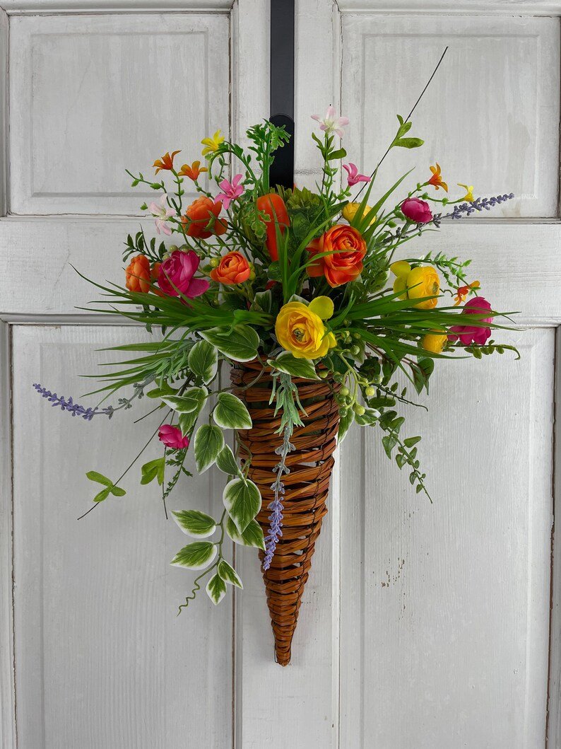 Small Spring Arrangement in Rattan Wicker Wall Basket for Front Door, Pink, Yellow, Orange, and Green Wall Decor with Florals and Carrot