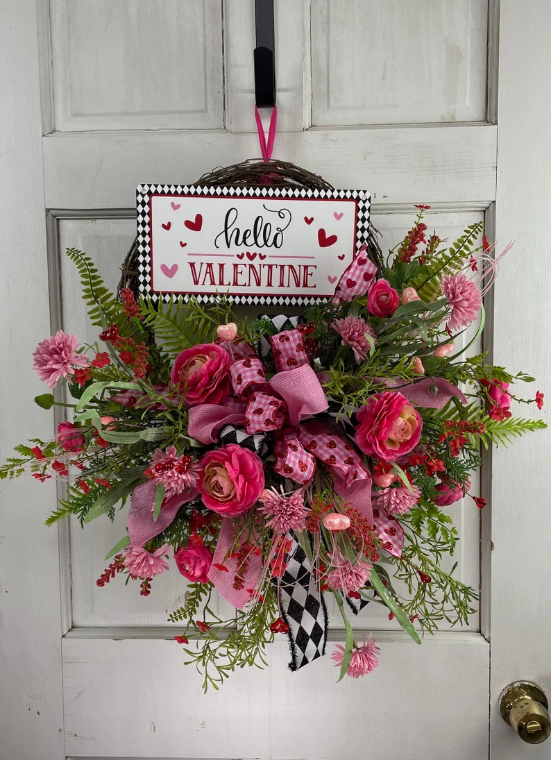 Valentine’s Wreath on Grapevine for Front Door, Red, Black, Pink, and White Wreath with Faux Florals and Hearts