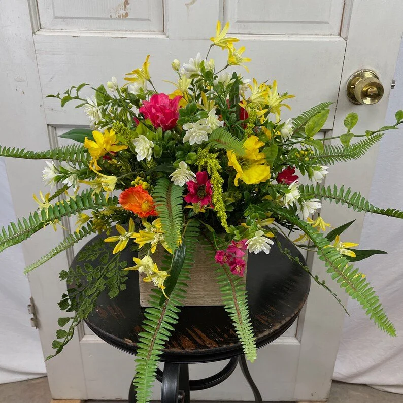 Summer Tabletop Floral Arrangement with Wildflowers, Pink, Yellow, Orange, and White Centerpiece in Wooden Planter