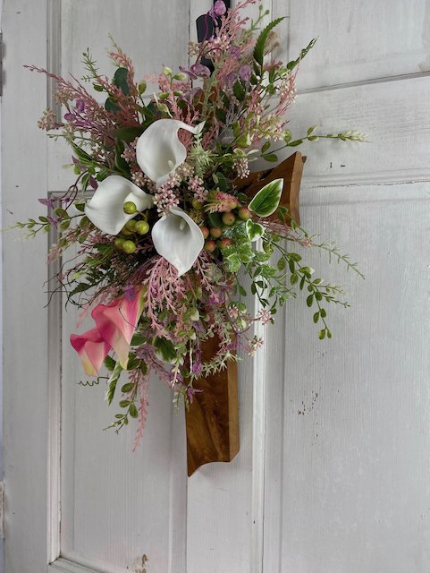 Easter Cross for Front Door, Pink and White Wall Decor with Faux Florals and Faux Berrie