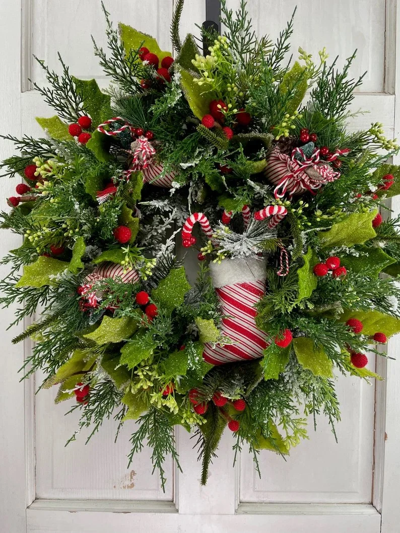 Christmas Stuffed Stocking Frosted Wreath on Grapevine for Front Door, Red, Green, and White Wreath with Felt Holly