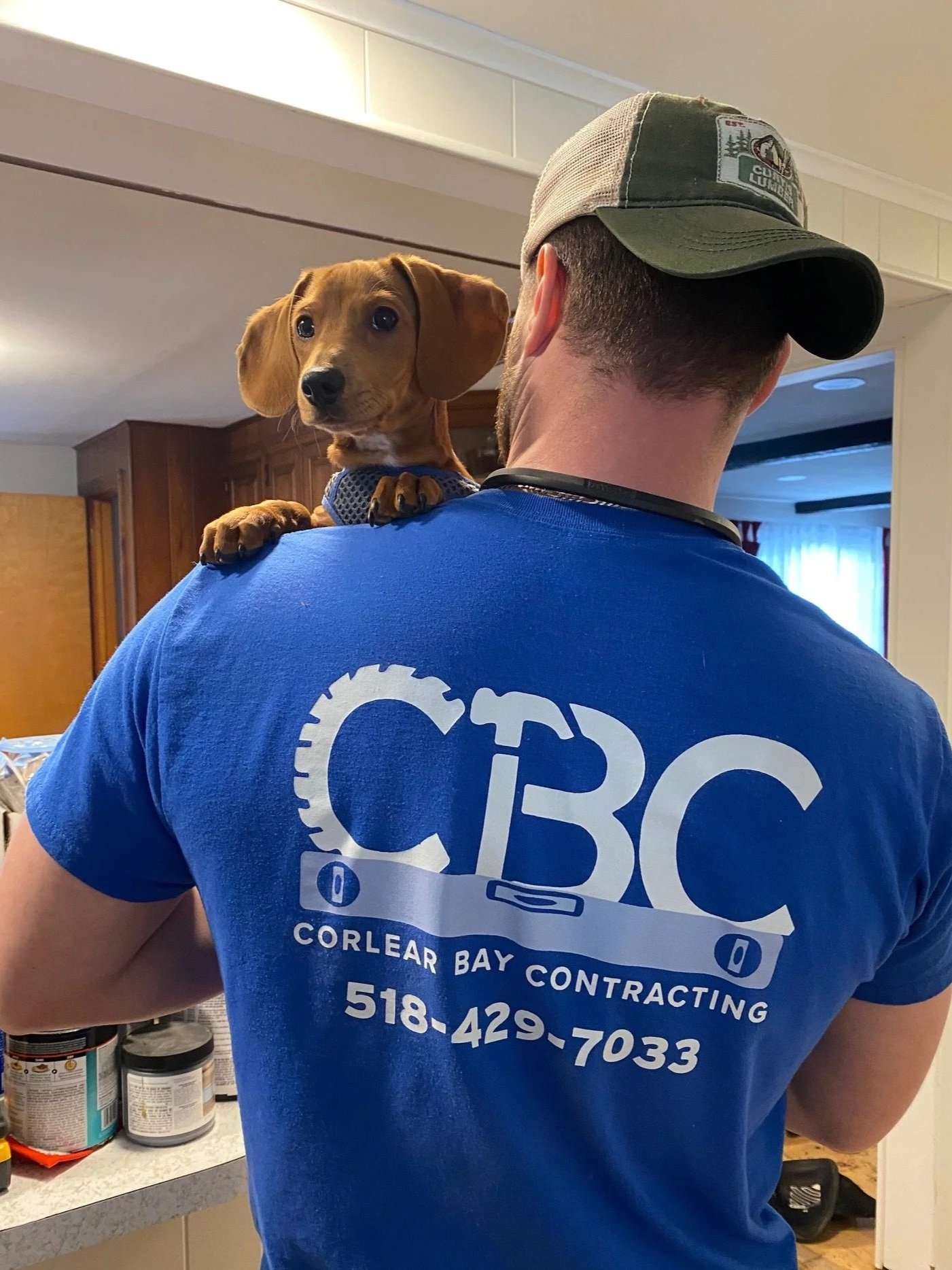 Man with a baseball cap and blue shirt with text on the back holding a small brown puppy with floppy ears and a blue harness while standing in a kitchen.