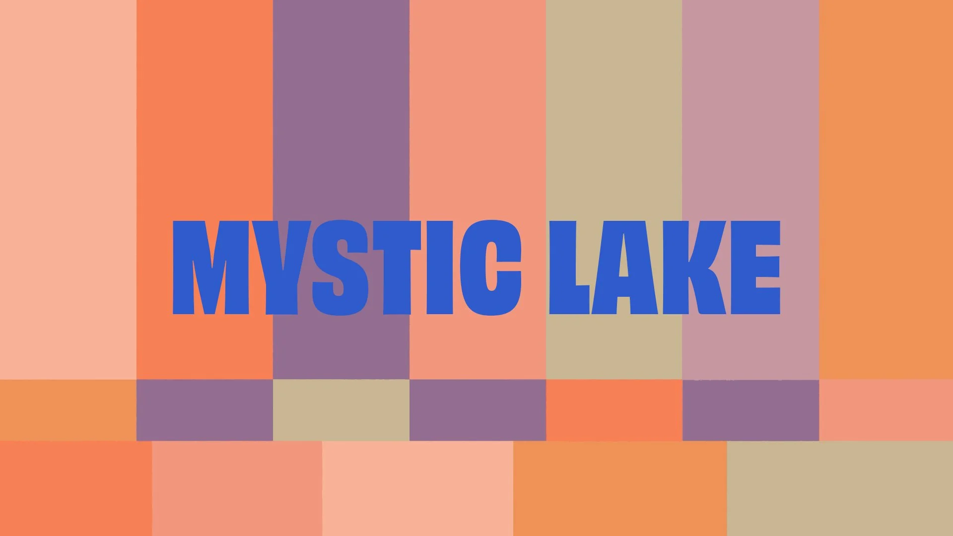 Abstract geometric pattern with horizontal and vertical colored blocks in orange, peach, purple, beige, and blue, featuring the text 'Mystic Lake' in bold blue letters at the center.