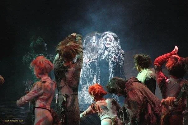 Theatrical performance with actors dressed as cats on stage, wearing elaborate costumes and makeup under dramatic lighting.