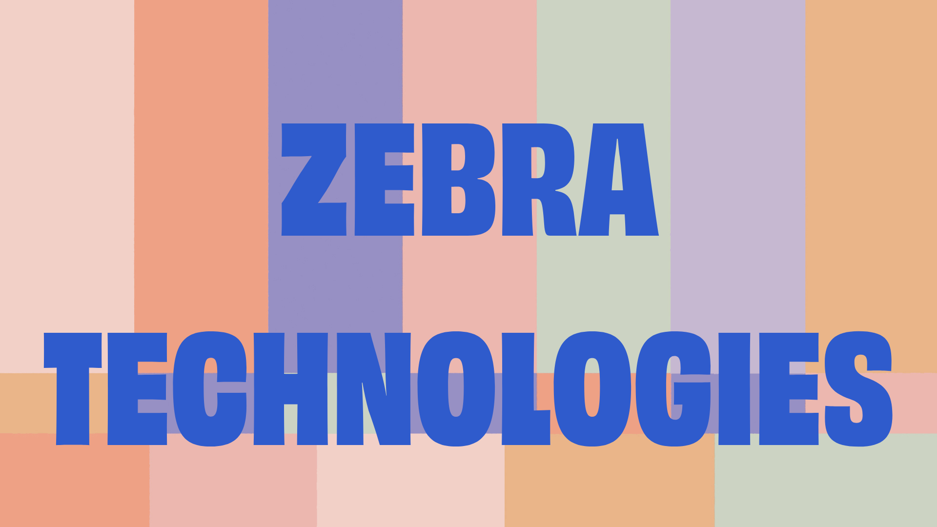 Colorful geometric pattern background with the word 'ZEBRA TECHNOLOGIES' in bold blue text.