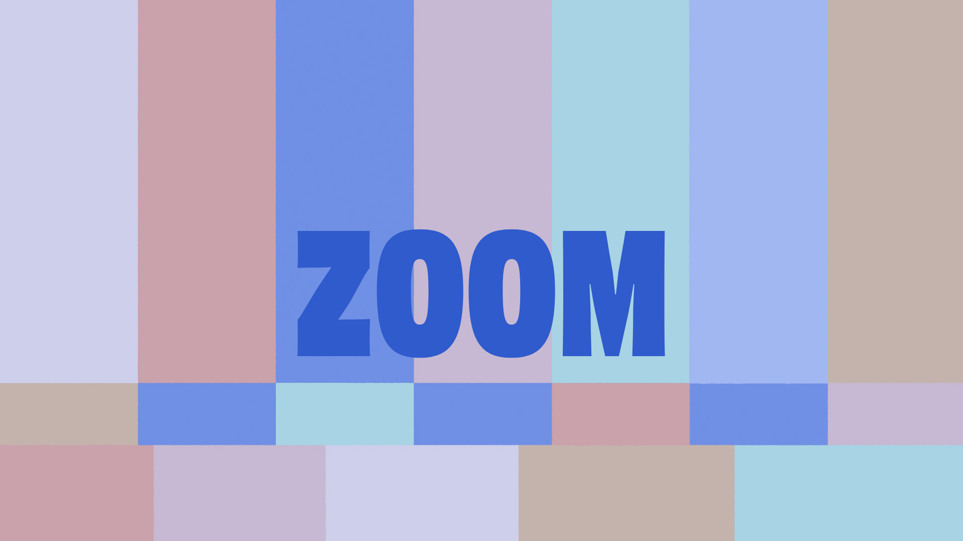 Colorful geometric pattern background with the word 'ZOOM' in bold blue text.