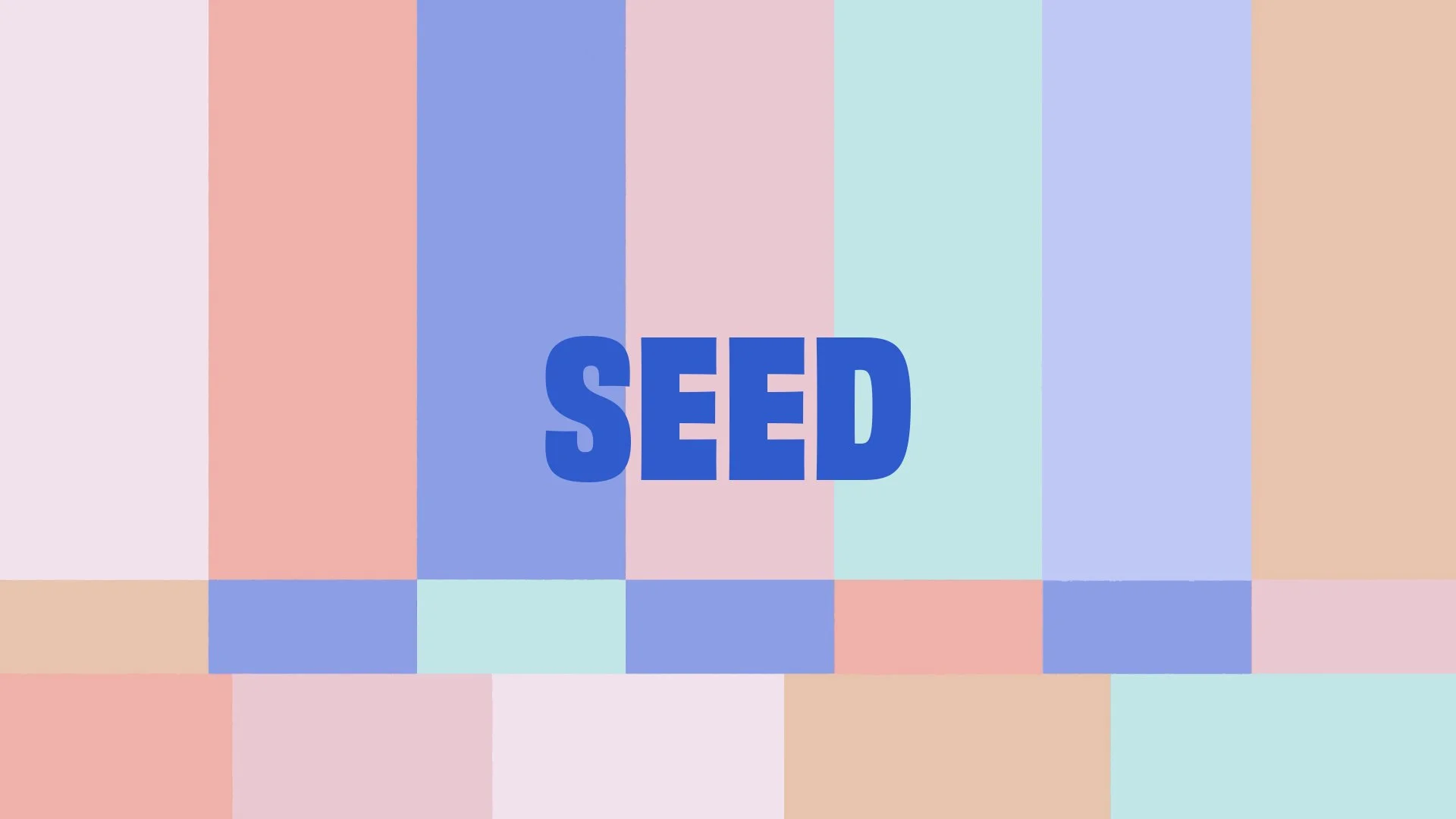 Colorful abstract design with the word "SEED" in bold blue letters on a multicolor striped background.