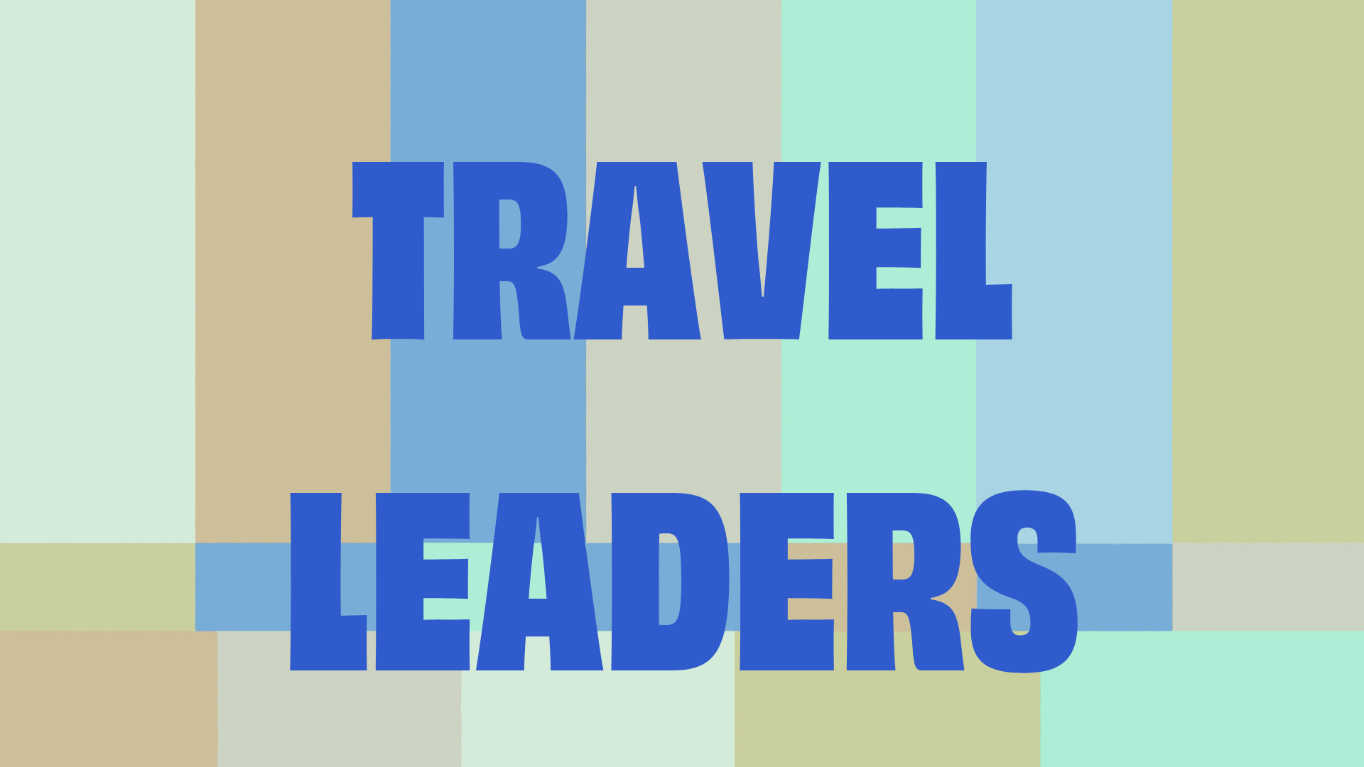 Text "Travel Leaders" in bold blue letters on a multicolored striped background.