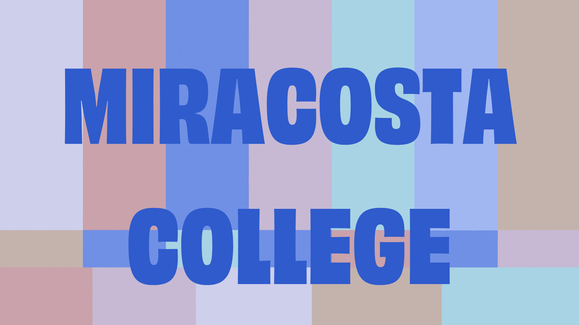 Text "MiraCosta College" in bold blue letters on a multicolored striped background.