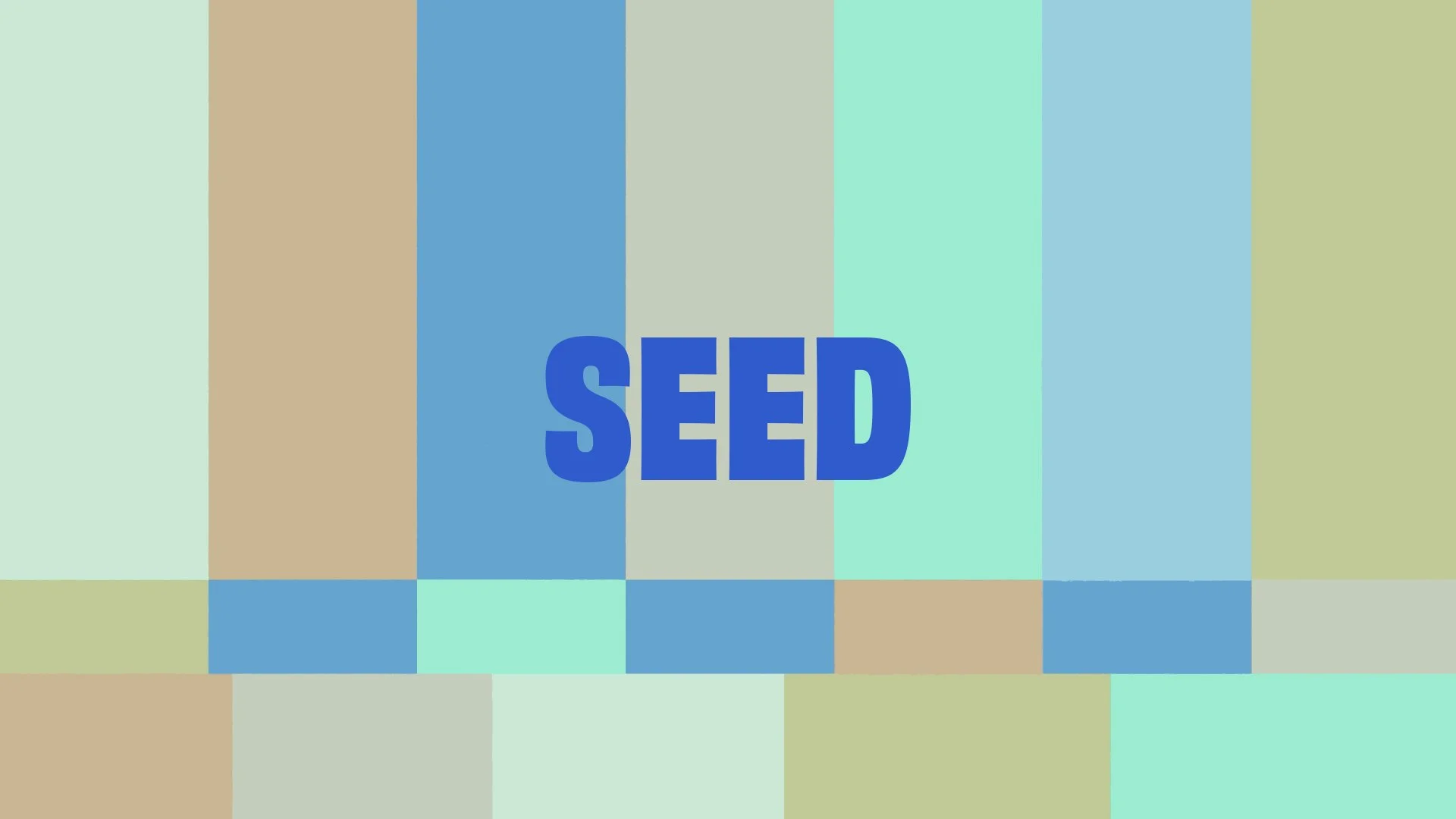 Abstract geometric design with vertical and horizontal stripes in blue, beige, and green shades, featuring the word 'SEED' in bold blue letters.