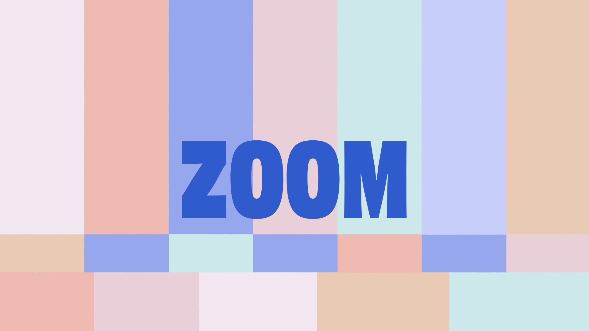 Colorful geometric pattern background with the word 'ZOOM' in bold blue text.