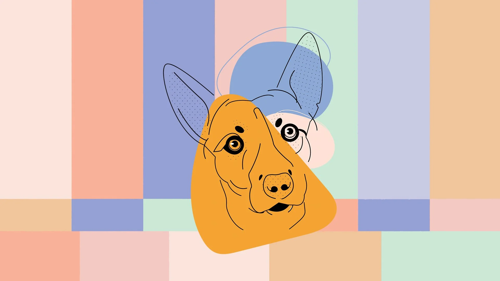 Abstract illustration of a dog's face with geometric shapes and pastel colors in the background.