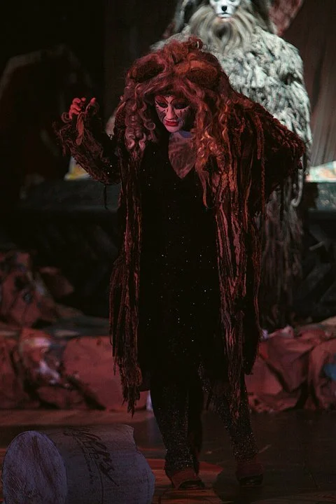 A person dressed in a theatrical costume resembling a cat, with a furry mane and face makeup, is on stage during a performance of CATS. The costume includes a dark coat and sparkling leggings, and another CATS performer is visible in the background.