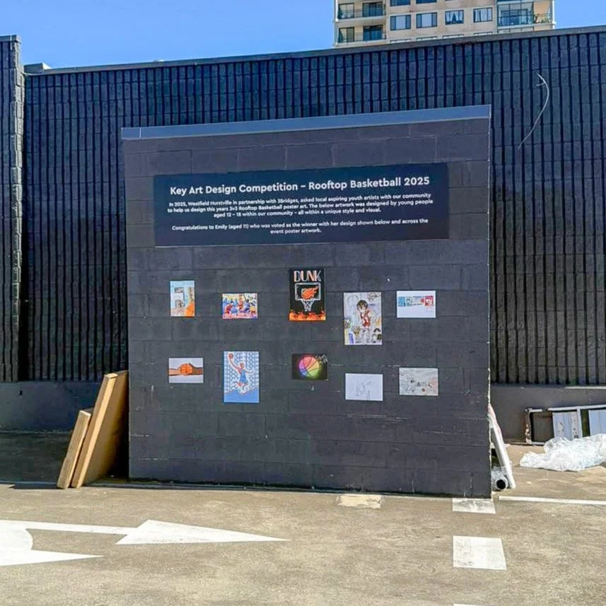 Westfields Youth 3v3 Rooftop Basketball Event 🏀

We worked with a select Westfield on this year&rsquo;s 3v3 Rooftop Basketball event, delivering a thoughtfully designed signage suite that highlighted the work of emerging local artists.

Our scope in