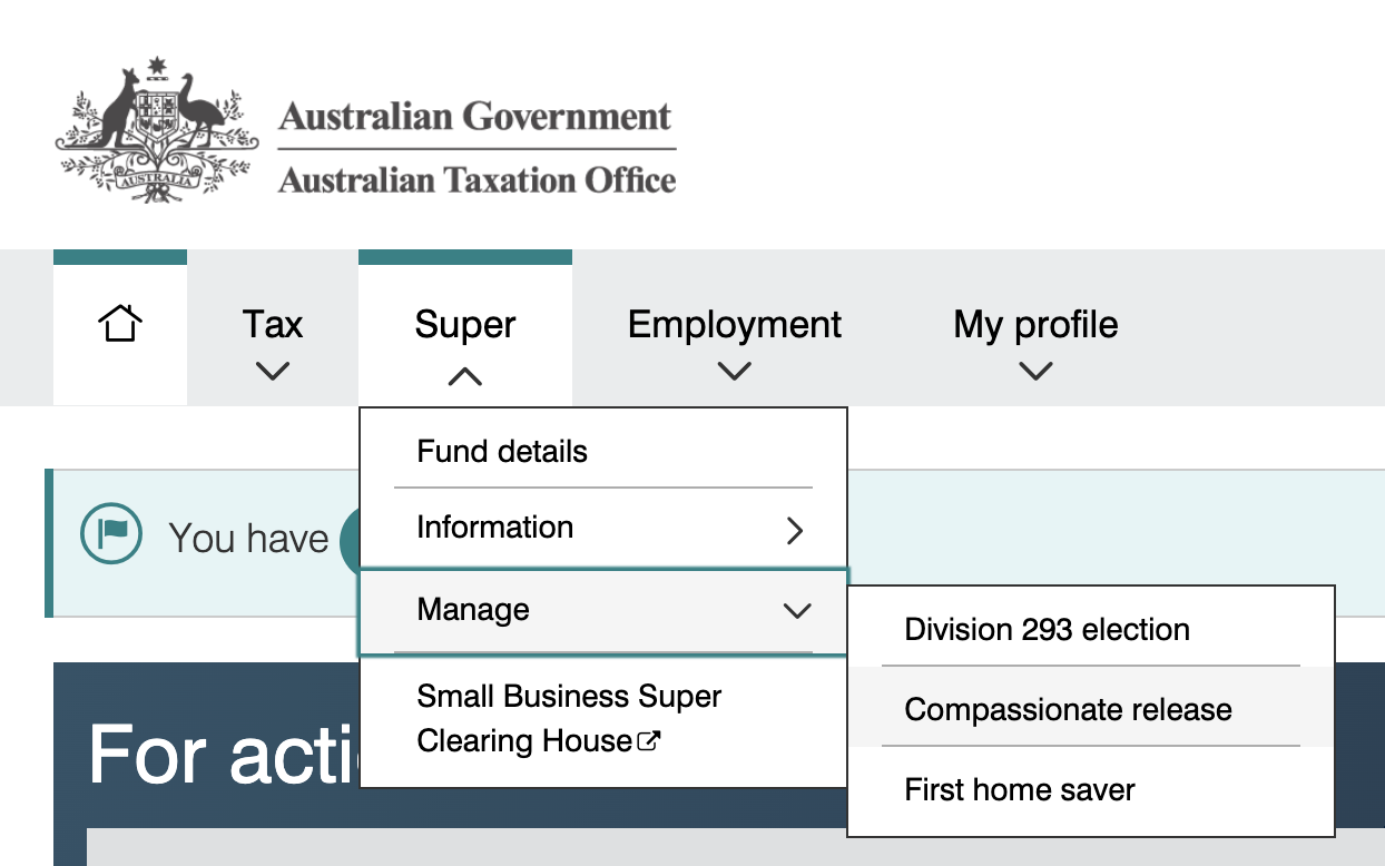 Screenshot of the Australian Government Australian Taxation Office website showing drop-down menus under the Manage tab, with options for fund details, information, and managing small business super, including subdivision options for Division 293 election, compassionate release, and first home saver.