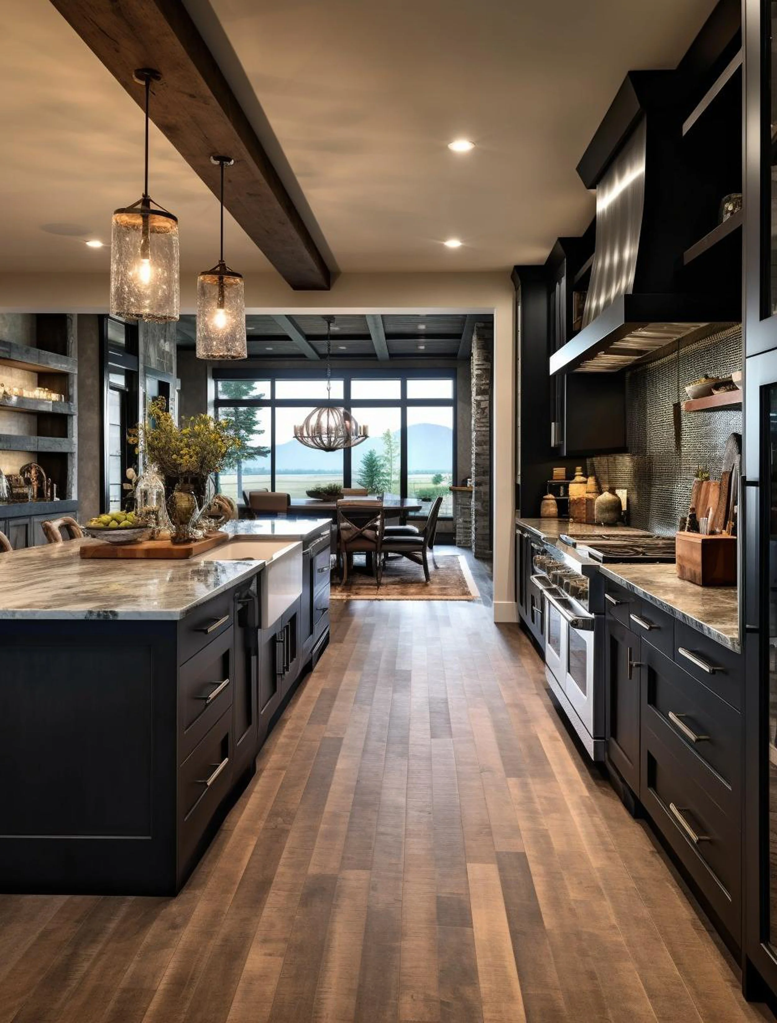 Modern kitchen with dark cabinetry, marble countertops, wooden flooring, and large windows overlooking a scenic landscape.