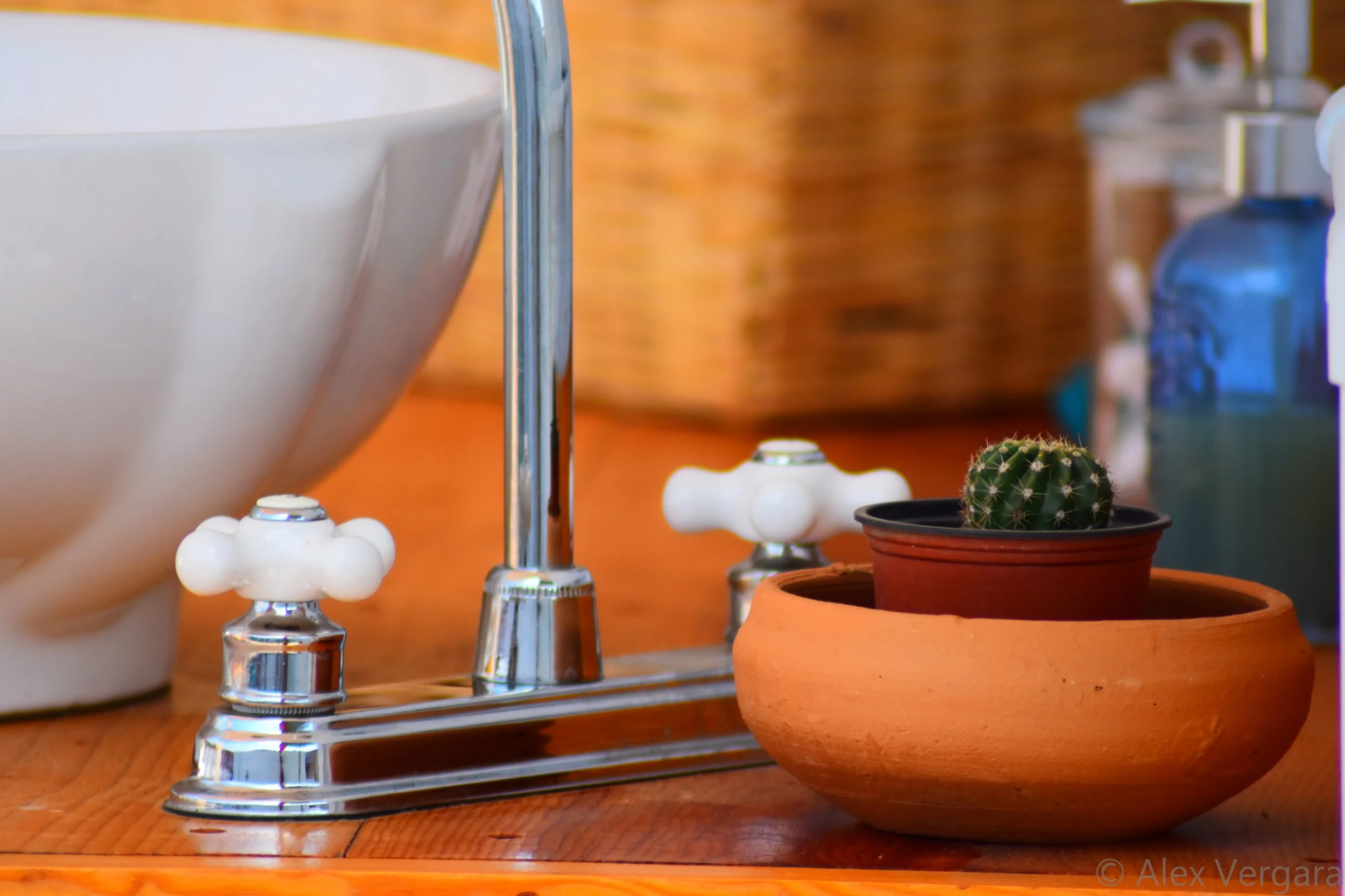Classic cross-handle faucet over a terracotta sink with a potted cactus in a colonial-style bathroom