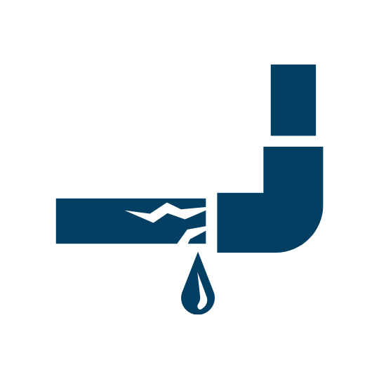 Icon of a cracked pipe dripping water, representing leak repair