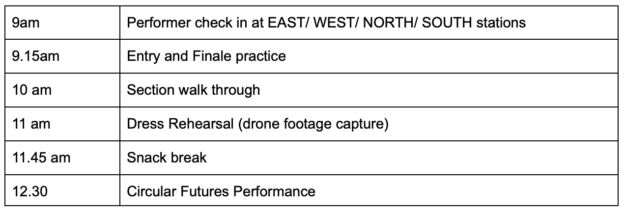 Schedule table listing activities with time slots, including performer check-in, practice sessions, a section walk through, a dress rehearsal with drone footage, a snack break, and a performance.