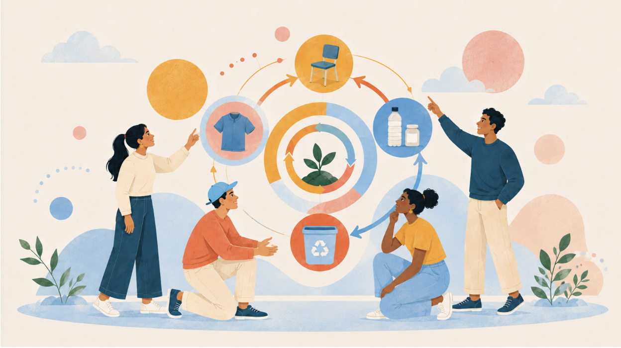 Four young people engaging in a circular diagram related to recycling and sustainability, with a plant at the center, and icons of a chair, clothing, water bottles, and a recycling bin around it, set against a pastel background with clouds and stylized plants.