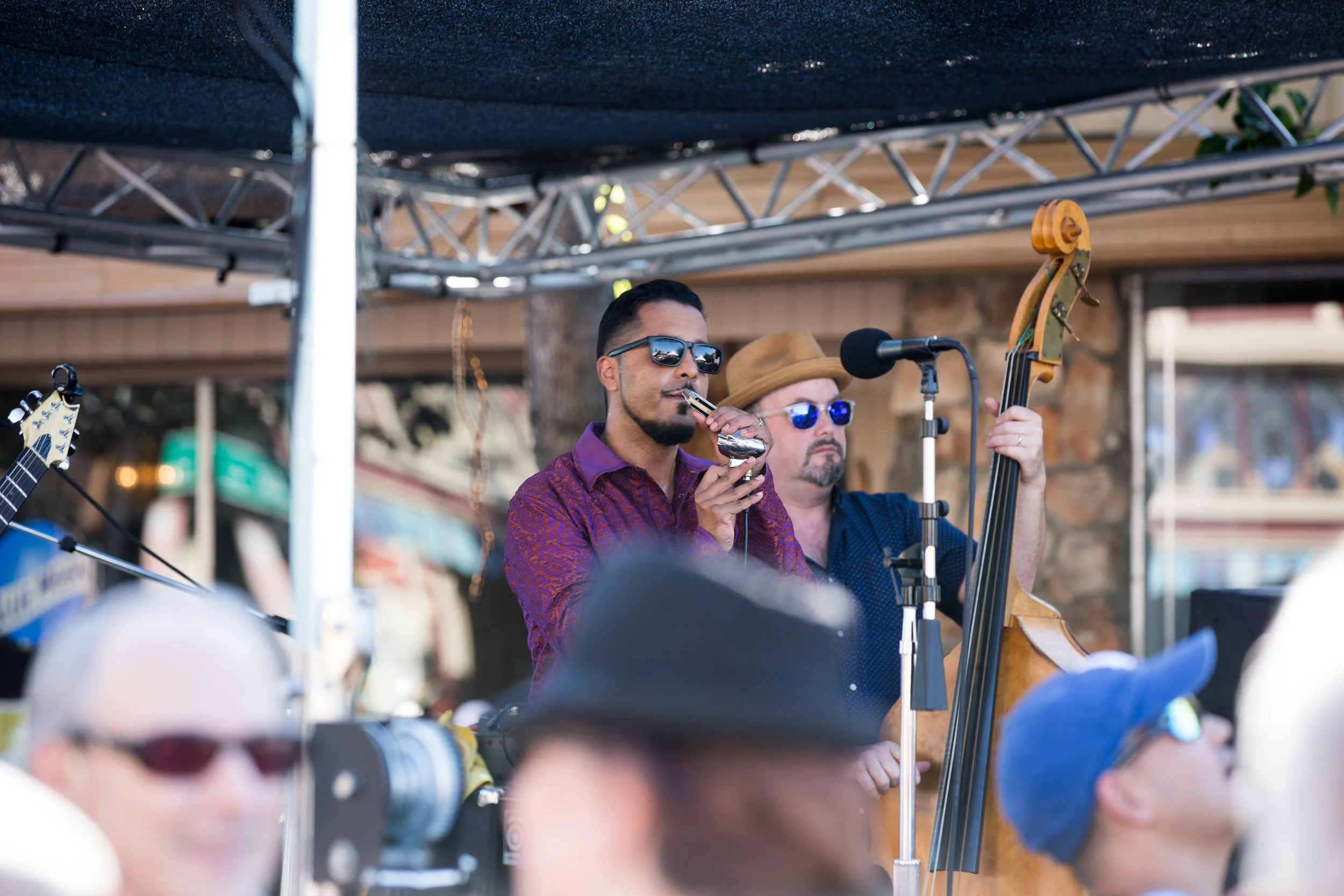 Musicians performing outdoors, one playing a harmonica and another playing a double bass, with an audience in front.