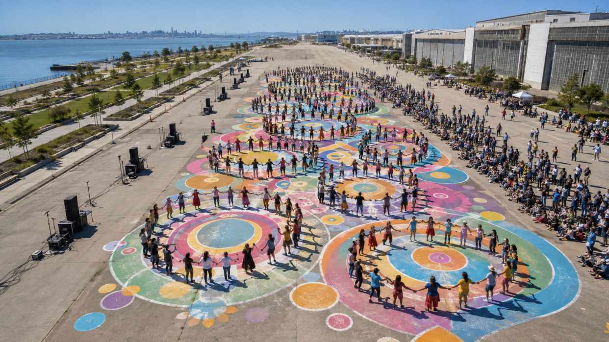 A large outdoor event on a concrete surface by a river, featuring numerous groups of people dancing in circles on colorful, circular chalk art designs. Spectators are seated along the sides, and the city skyline with tall buildings is visible in the background.