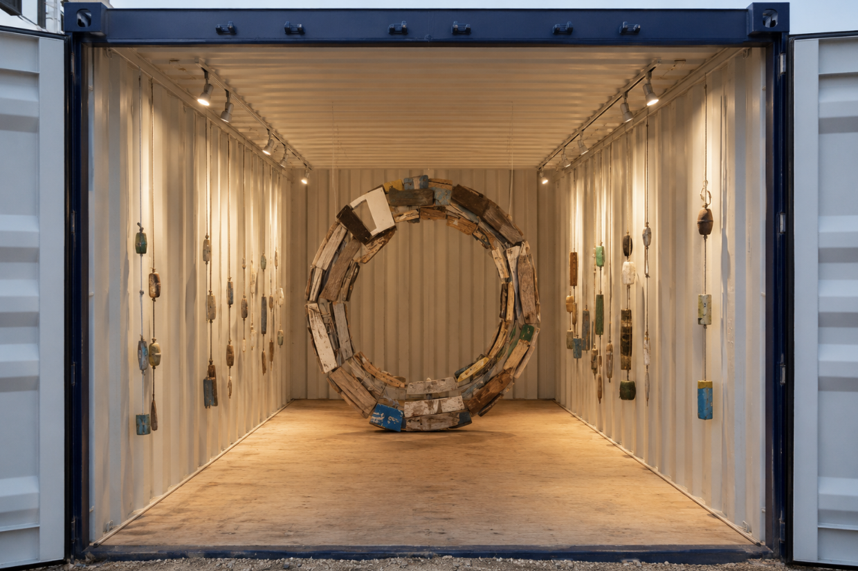 An art installation inside a shipping container, featuring a large wooden circle with various pieces of wood and objects attached, and small hanging objects on the walls.