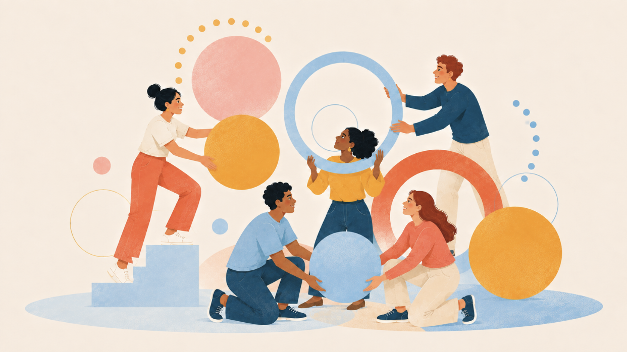 Illustration of five diverse people working together to hold and balance various colorful circles and spheres, symbolizing teamwork and collaboration.