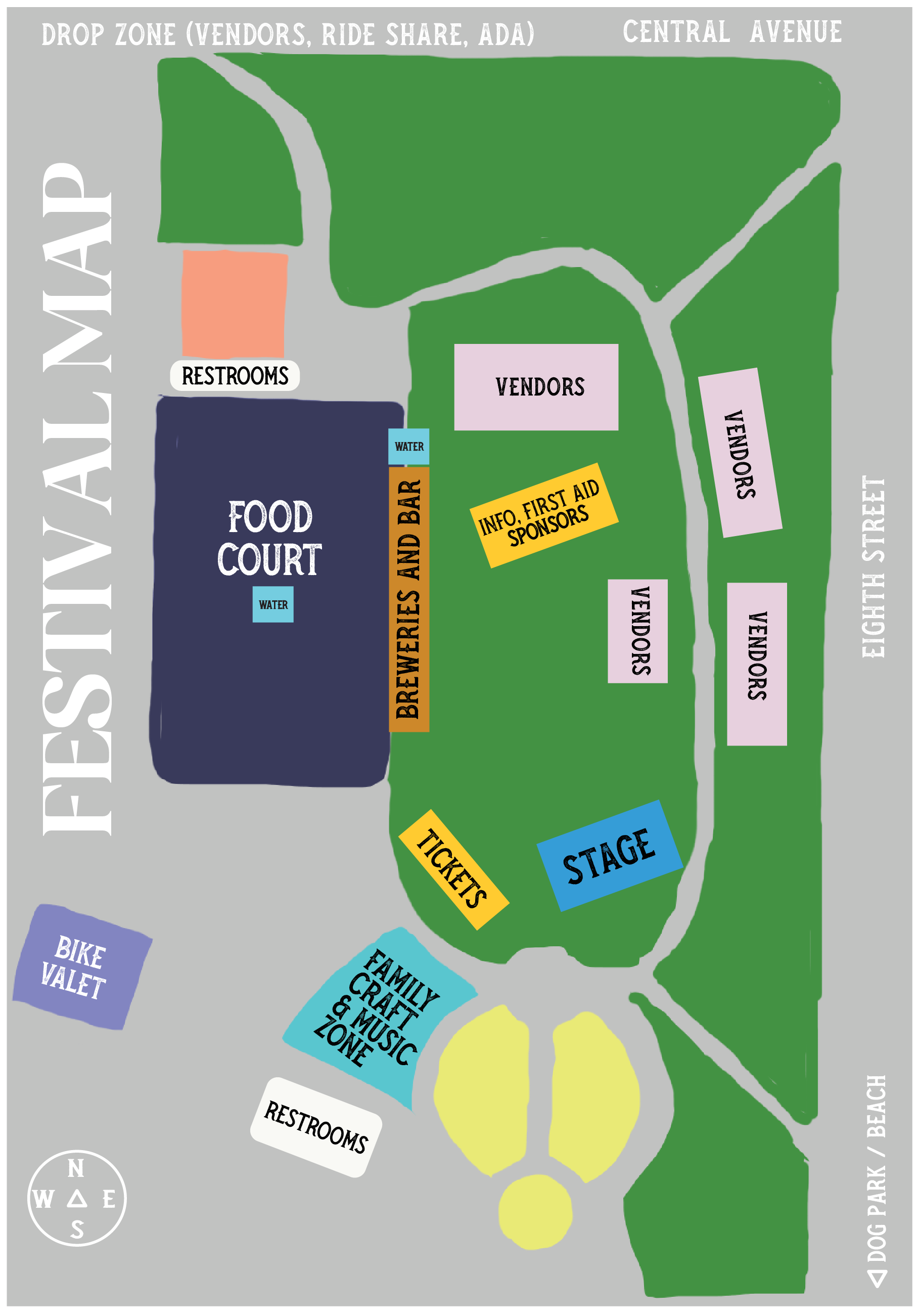 Map of a dog park with labels for various areas including food court, restrooms, vendors, vendor booths, activity zones, and a stage, with pathways and green spaces.