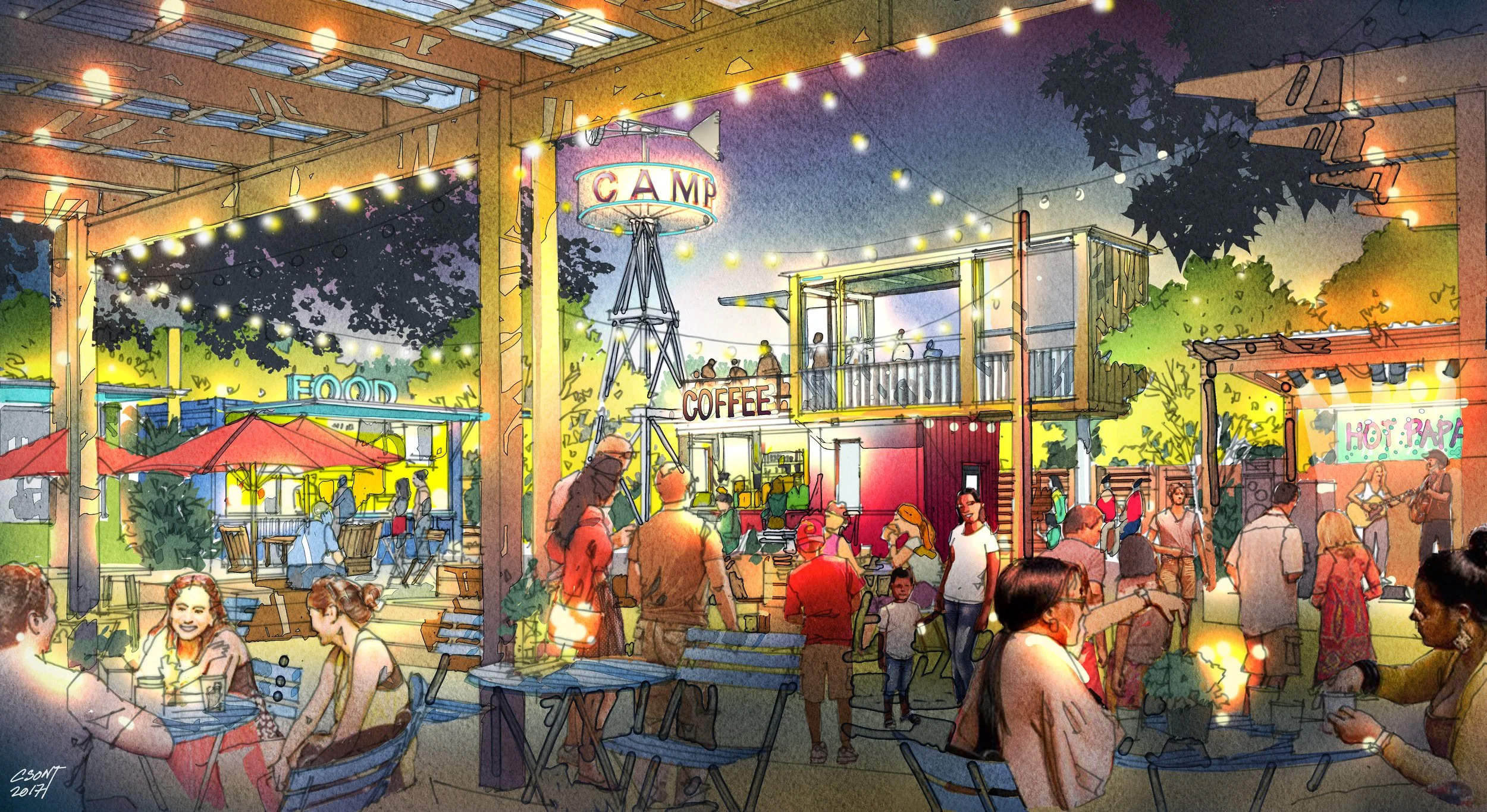 A lively outdoor market scene during sunset with people enjoying food, drinks, and live music. There are string lights hanging overhead, colorful booths, and a sign that says 'CAMP' and 'COFFEE'. Trees and a stage with musicians are visible in the background.