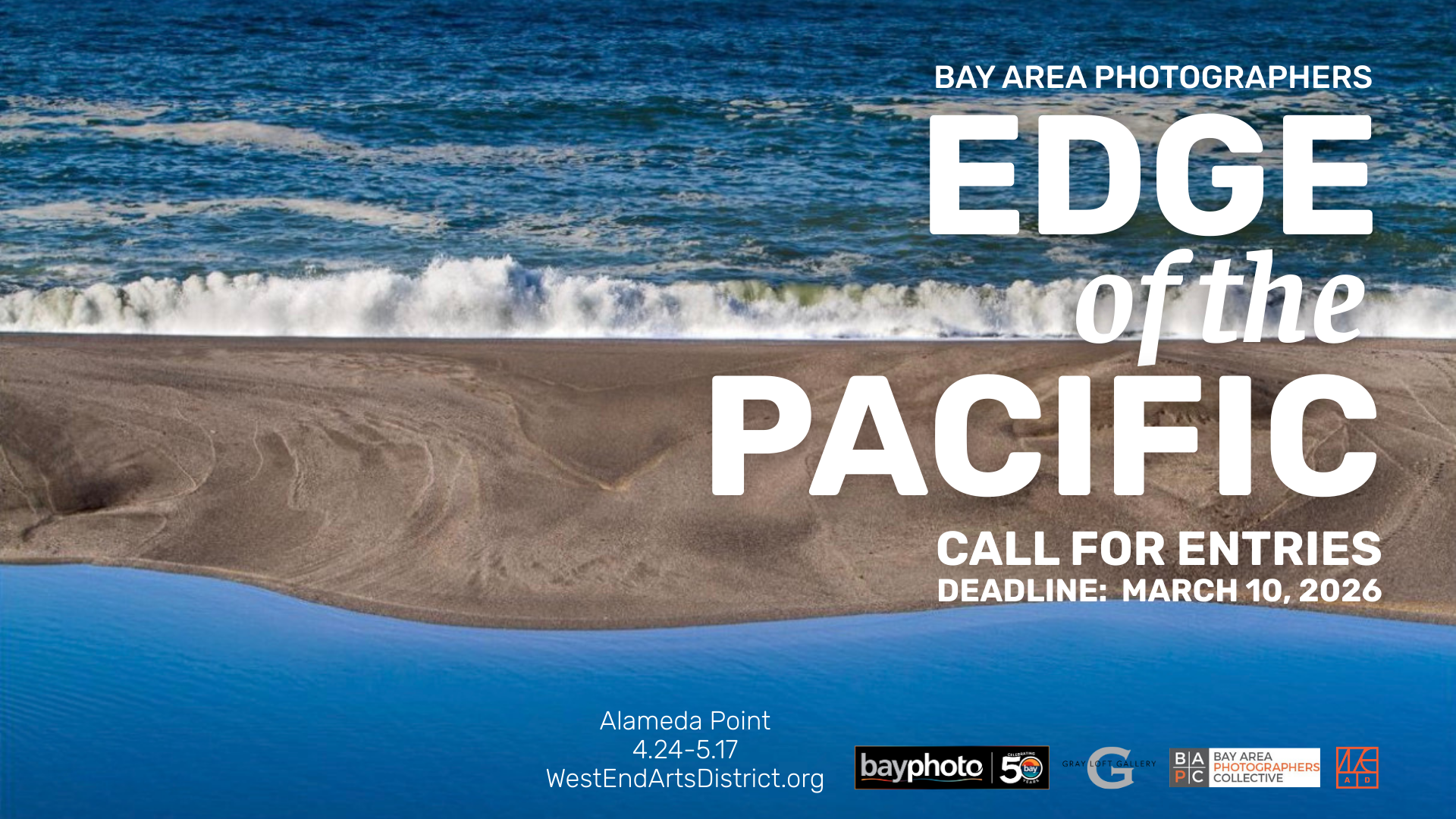 A beach with blue ocean waves and sandy shore, advertising an open call for photographers for the 'Edge of the Pacific' exhibition in Alameda Point from April 24 to May 17, with a deadline of March 10, 2026.