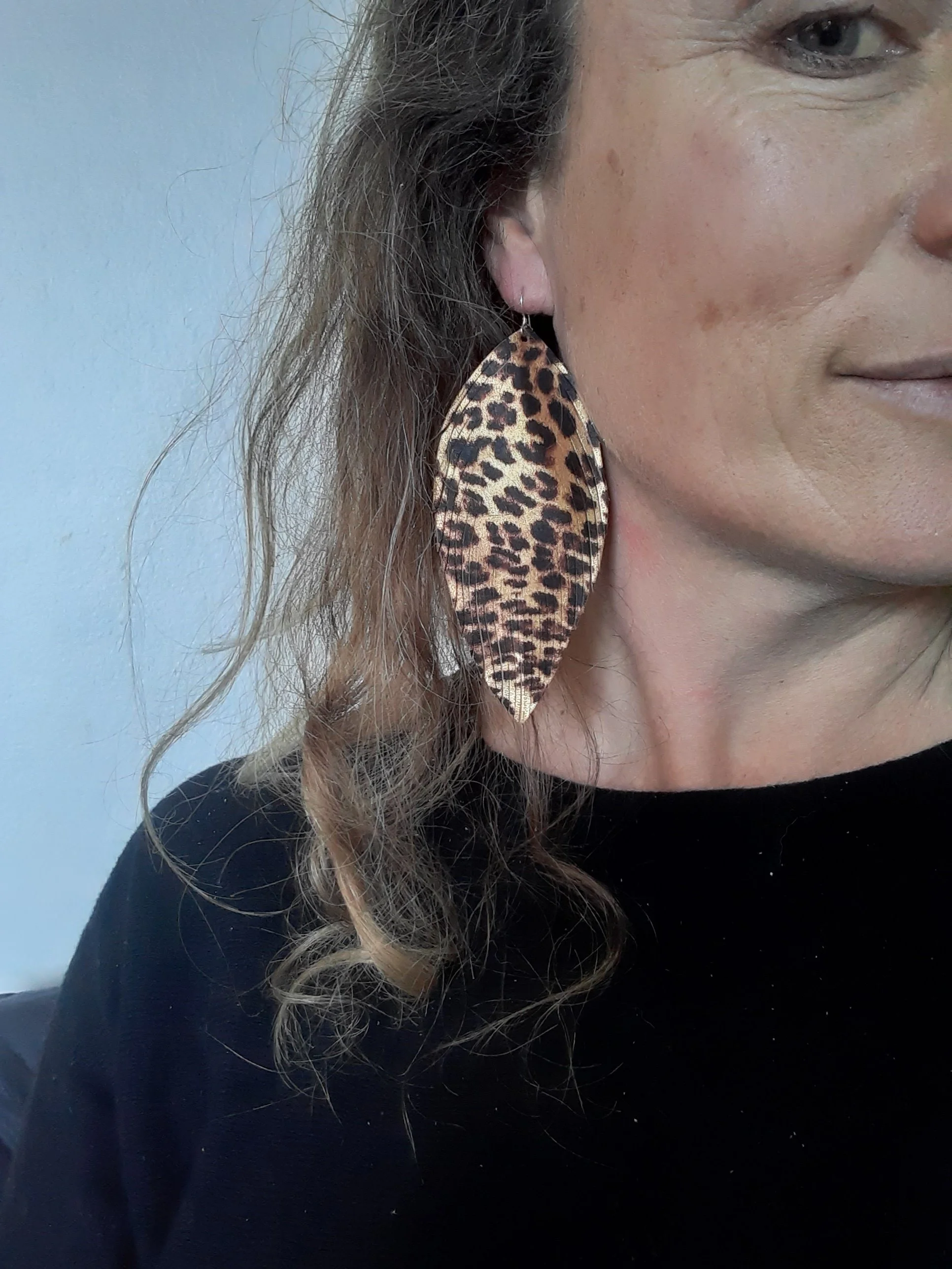 Gold leopard Print Feather Leather Earrings, Sterling Silver, Extra Large.