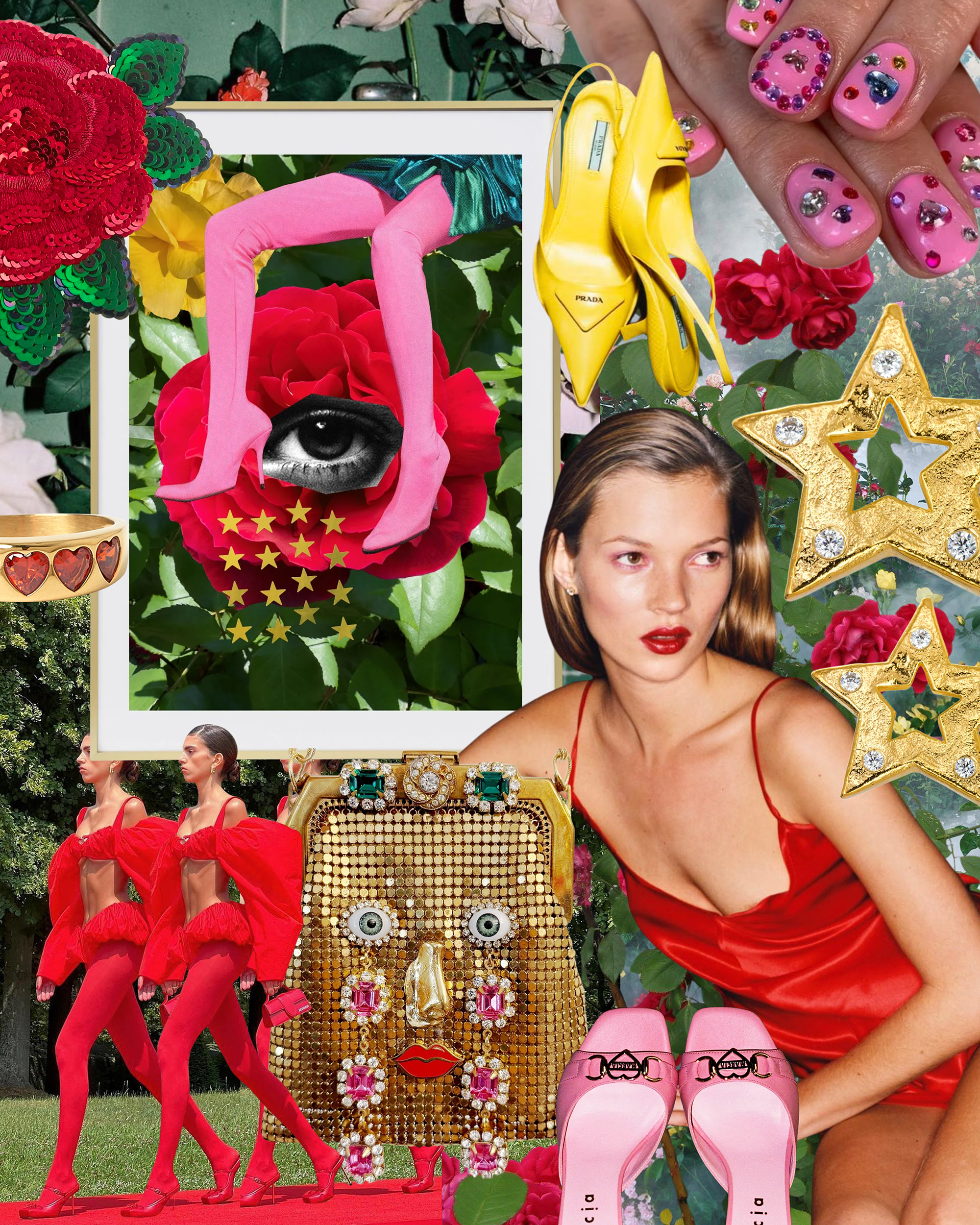 A collage of fashion items including pink high heels with black buckles, gold jewelry with green and pink gemstones, a yellow Prada handbag, a woman's face with red lips and brown hair, pink glittery nails with colorful rhinestones, a woman in a red 