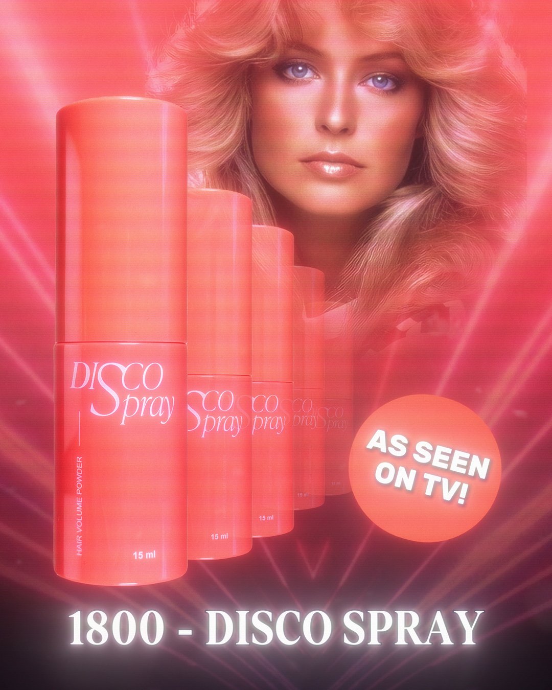 Advertising poster for Disco Spray hair volumizing powder featuring a woman with voluminous blonde hair, multiple cans of the product, and text indicating TV appearance and product details.
