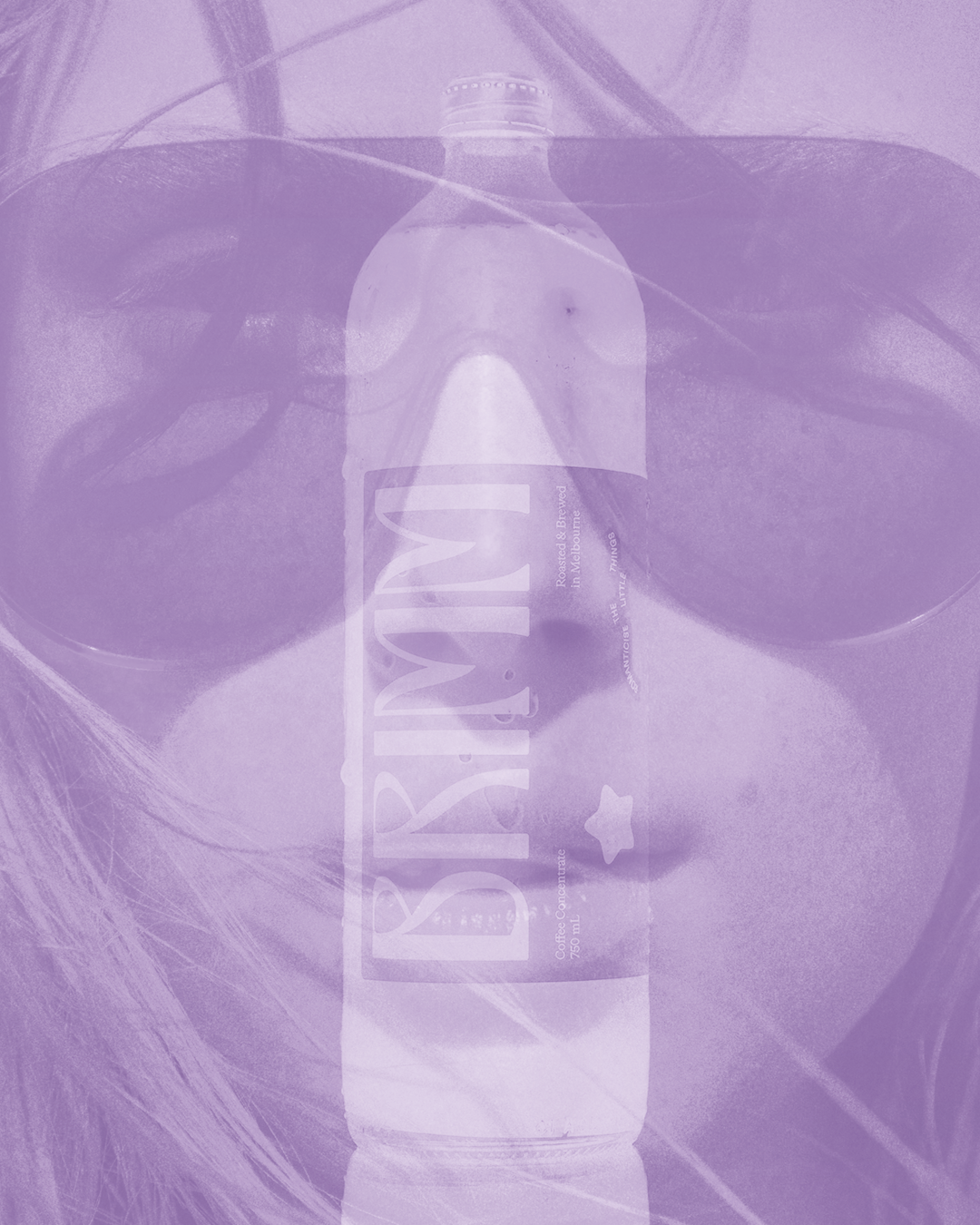 A bottle of Browno cold brew with a star-shaped label, surrounded by sunglasses and strands of blonde hair, with a purple filter overlay.