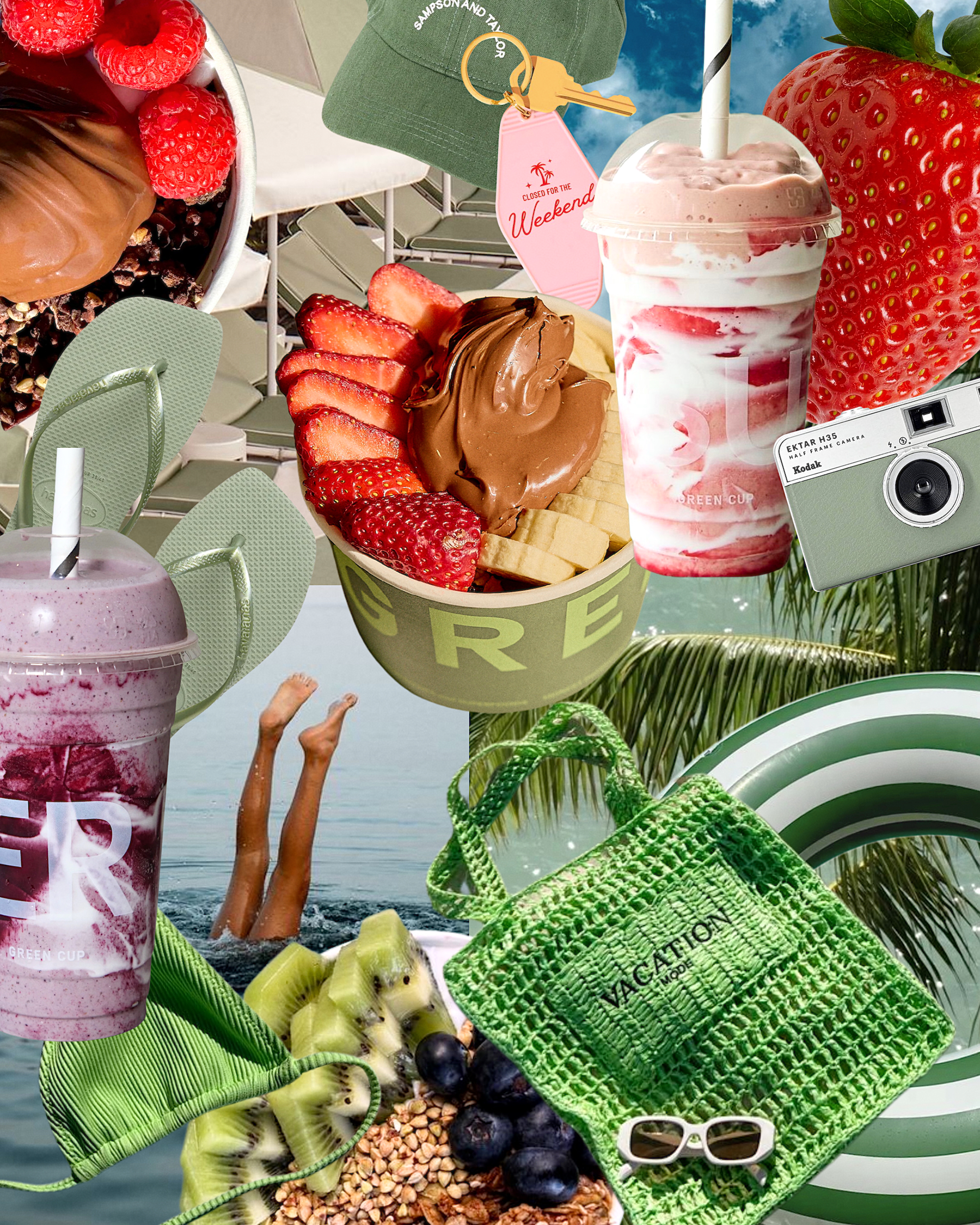 Summer beach scene with a woman swimming, surrounded by strawberries, blueberries, kiwi slices, granola, a pink strawberry smoothie, a layered ice cream in a cup, a bag, sunglasses, a green cap, and various beach accessories.