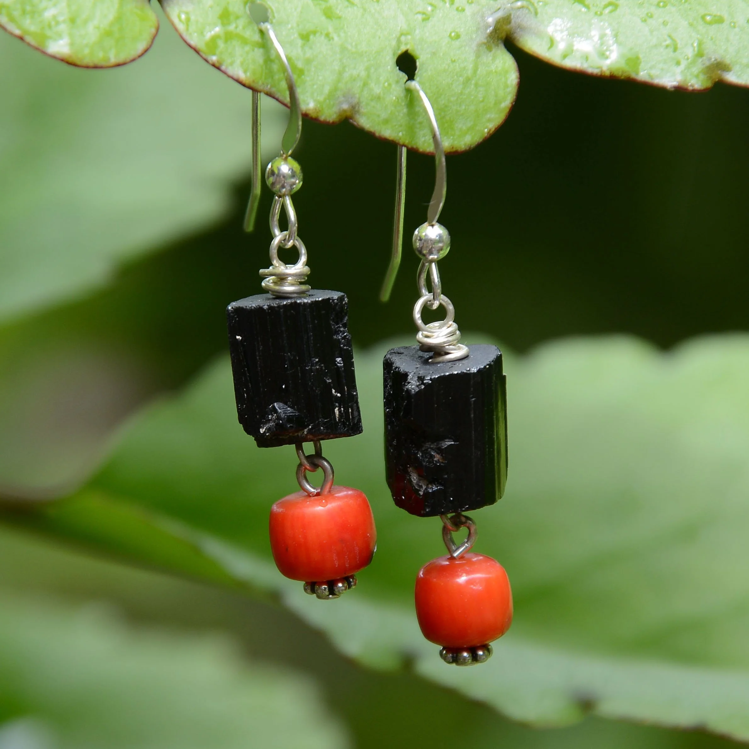 Black Tourmaline and Coral Earrings