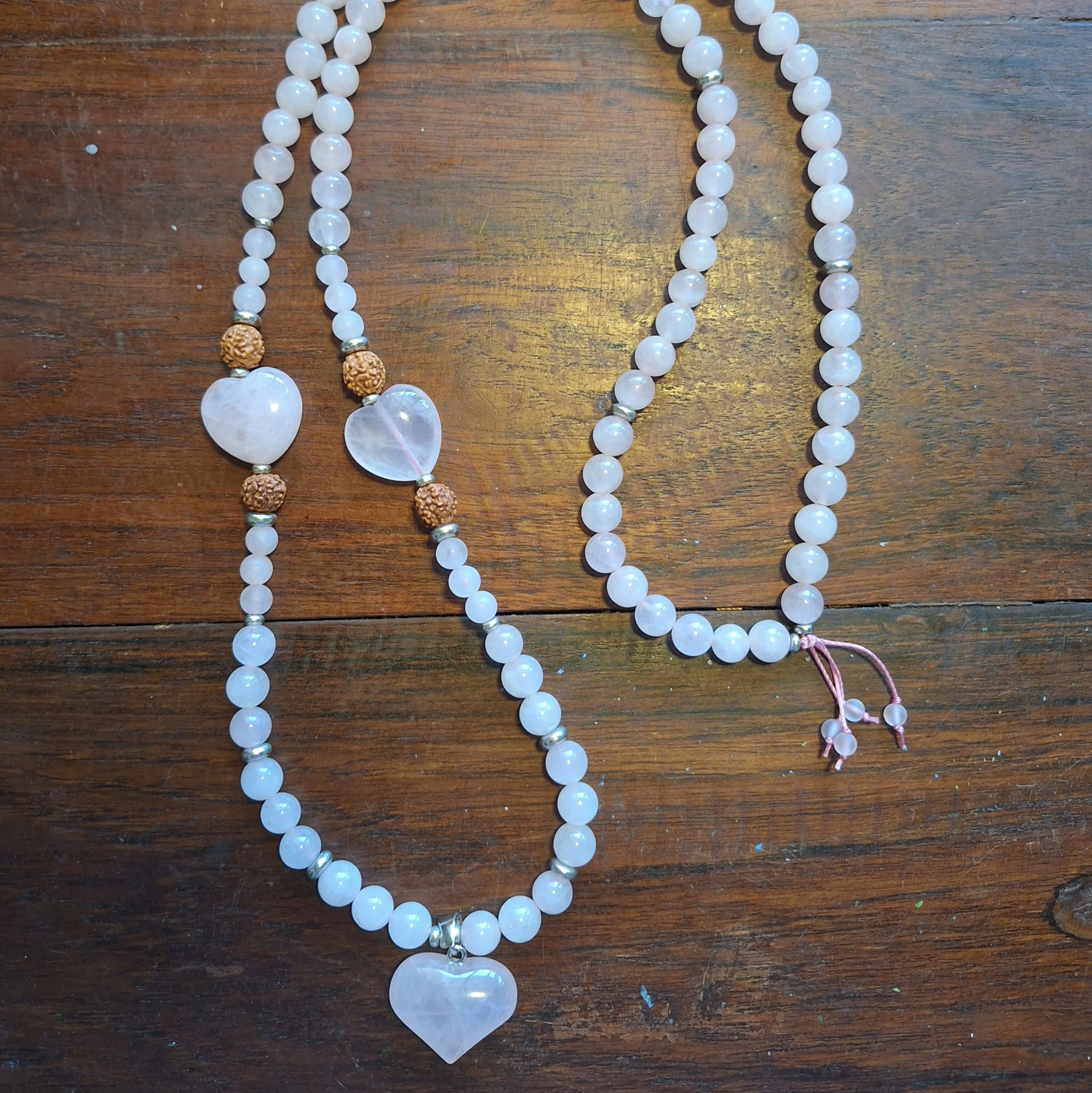 Rose Quartz Heart with Rose Quartz and Rudraksha Mala