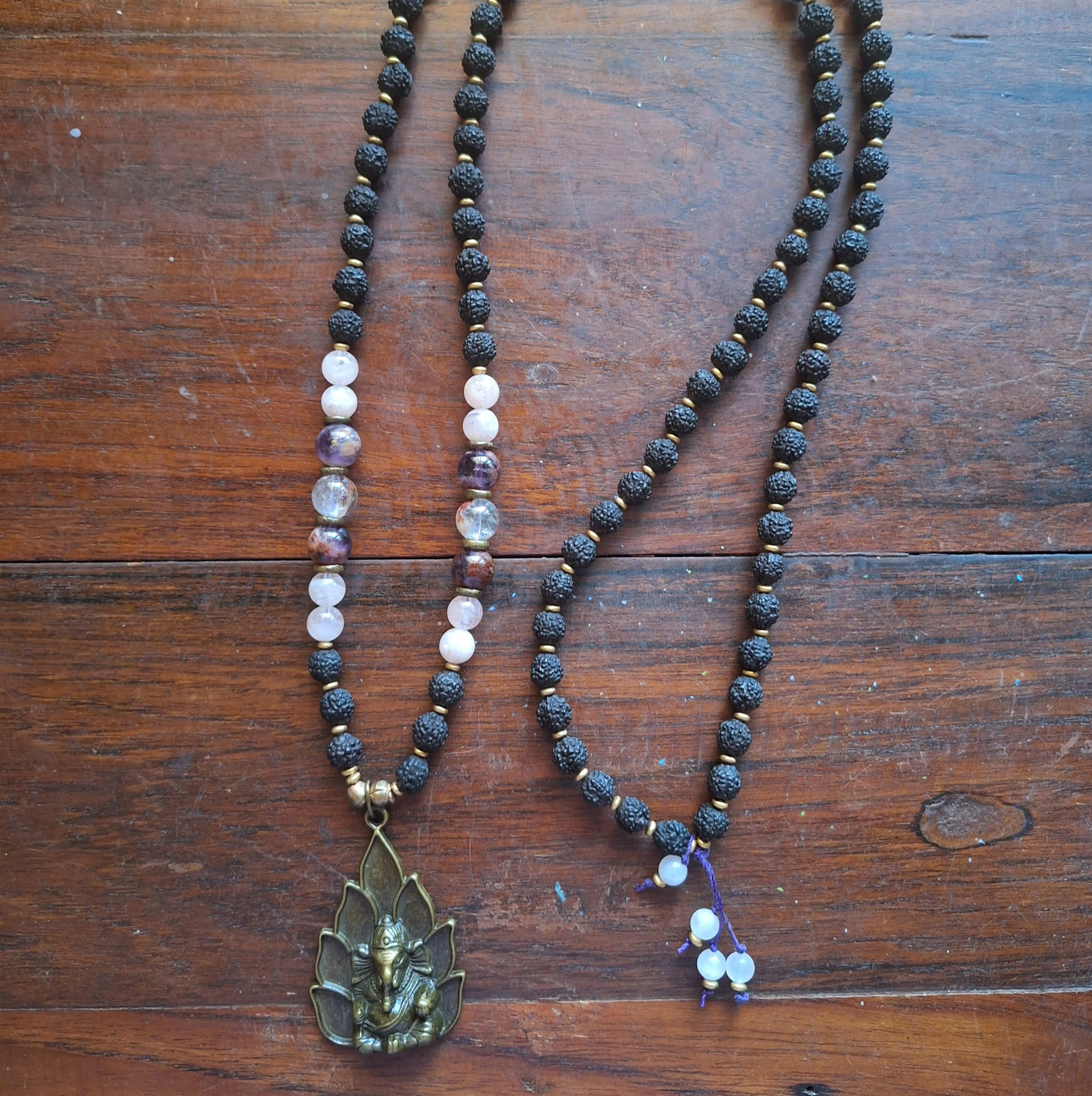 Brass Ganesh with Lava and Rose Quartz Mala