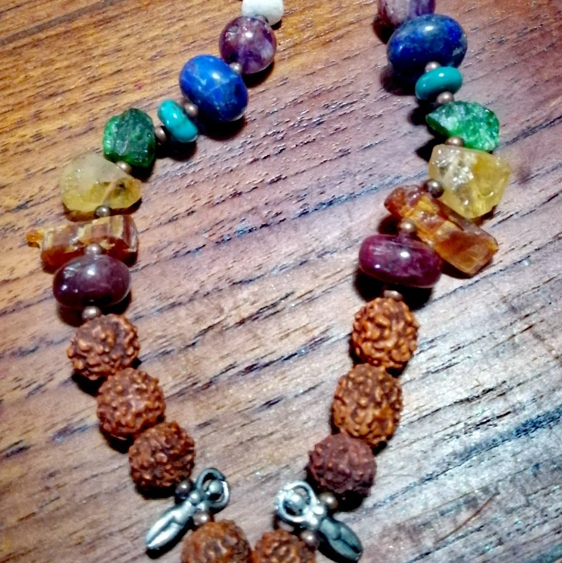 Fancy Chakra Gems with Rudraksha and Pewter Goddesses Mala