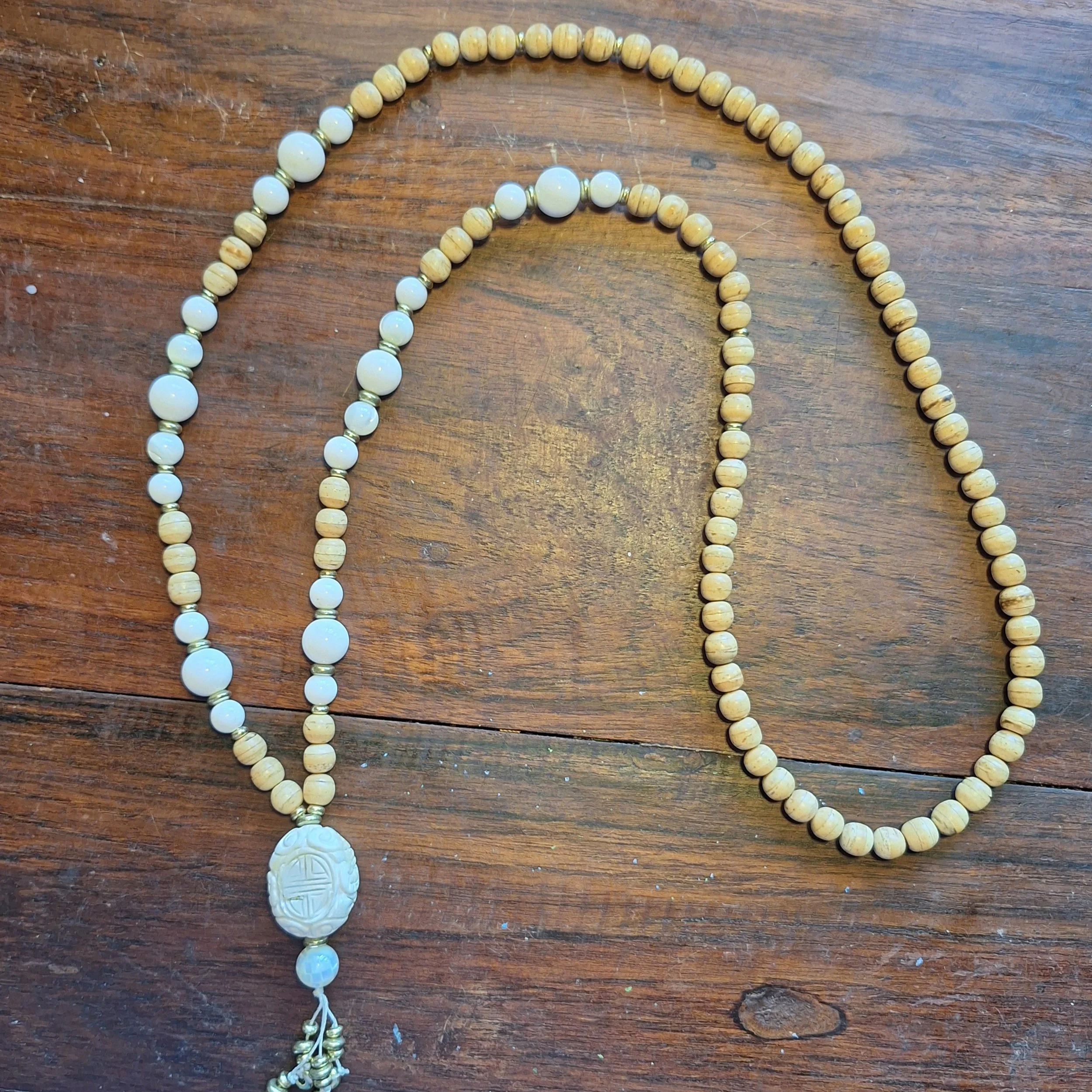 Coconut and Rainbow Moonstone Mala with Carved Good Luck Bead Mala