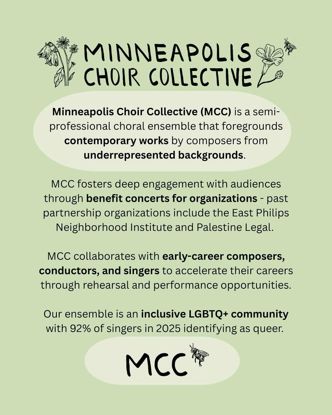New name alert!!! πΈ We’re no longer “co-op choir,” “the co-op,” or “Minneapolis Choir Co-Op.” Please call us the Minneapolis Choir Collective or use the snappy abbreviation of MCC. Thank you!!! Pour one out