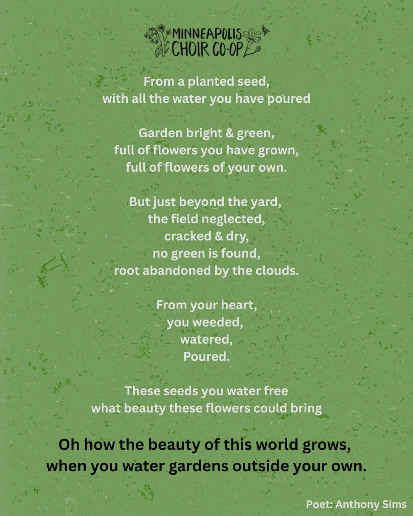Reserve your tickets for our Saturday, 4/26 6pm concert now! Link in bio. One of our Composing Fellows for this cycle, Anthony Sims, wrote and set this poem for The Gardener. The lyrics gelled perfectly with the thesis of this concert - our partners