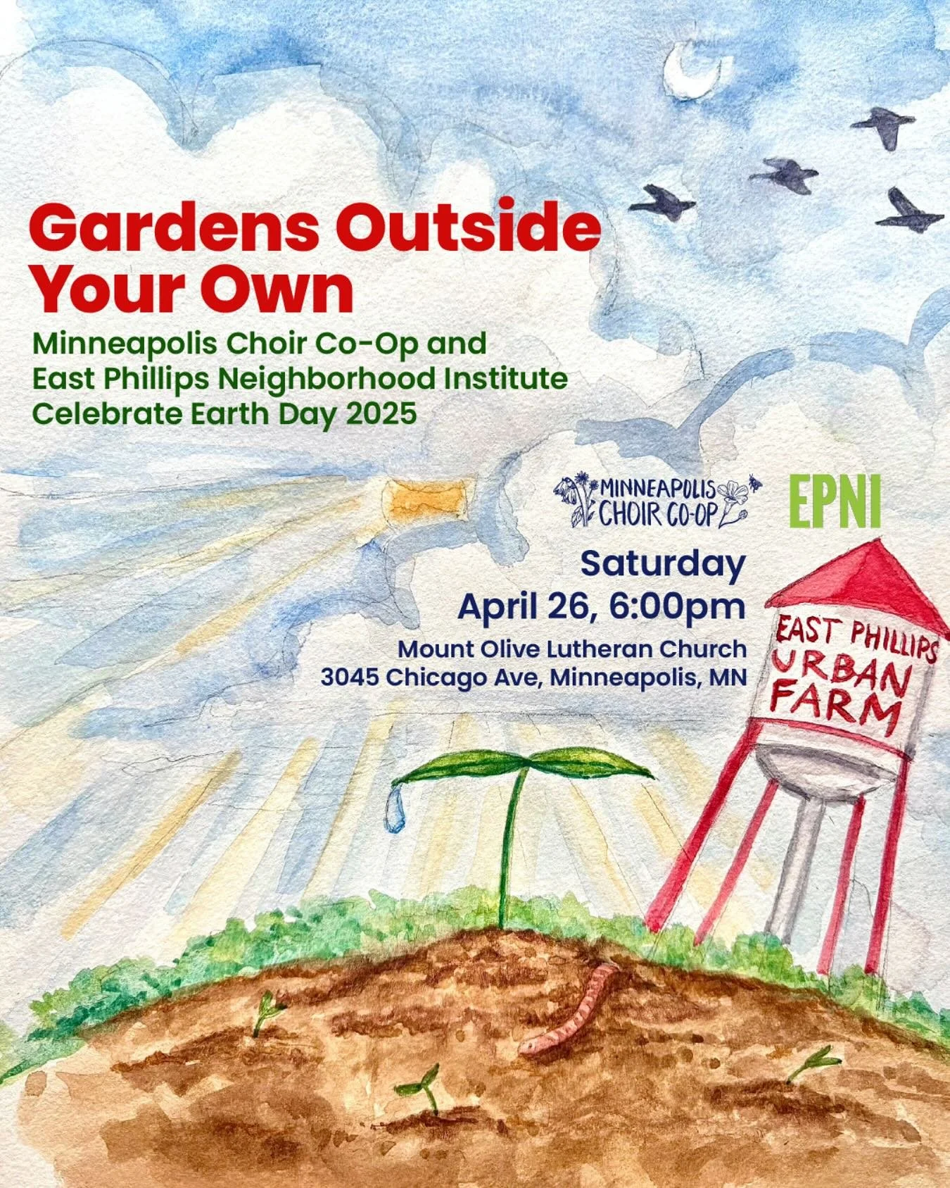 TICKETS ON-SALE NOW: Gardens Outside Your Own
Minneapolis Choir Co-Op and East Phillips Neighborhood Institute Celebrate Earth Day 2025
We are so happy to continue our partnership with EPNI with a concert on Saturday, April 26th at 6pm.
NEW LOCATIO